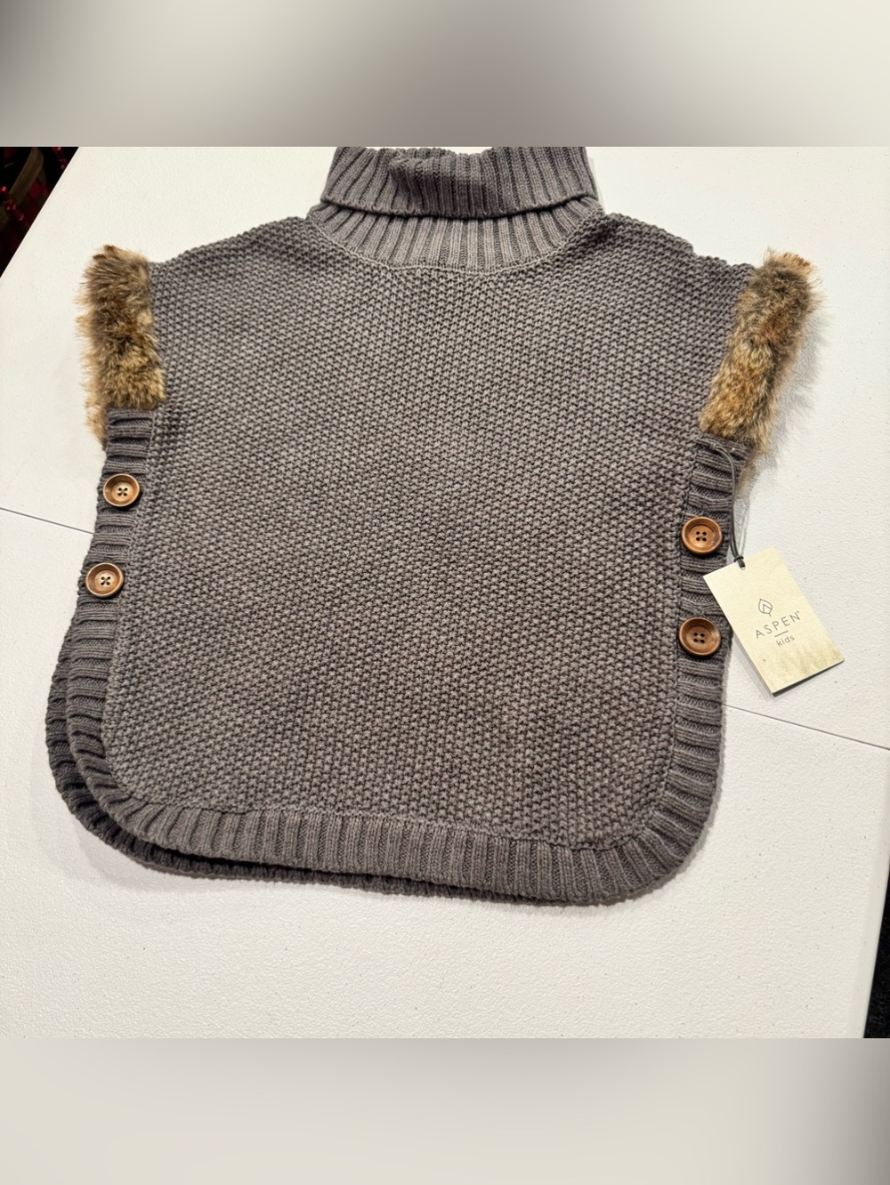 Aspen Kids Turtleneck Poncho Sweater Sleeveless Cozy Faux Fur Coquette Feminine